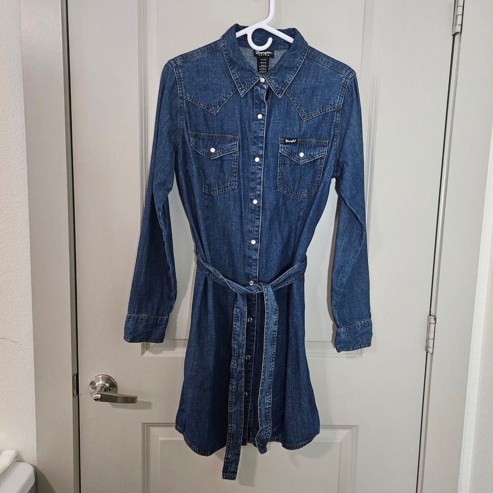 Wrangler Retro Womens Medium Wash Denim Western Snap Front Shirt Dress M